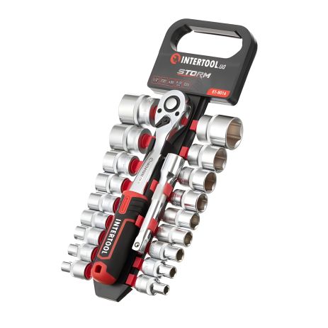 Комплект головок STORM, 1/2", Cr-V, 20 шт., головки: 8-32 мм, трещотка 72 зуба, удлинитель 125 мм INTERTOOL ET-8016