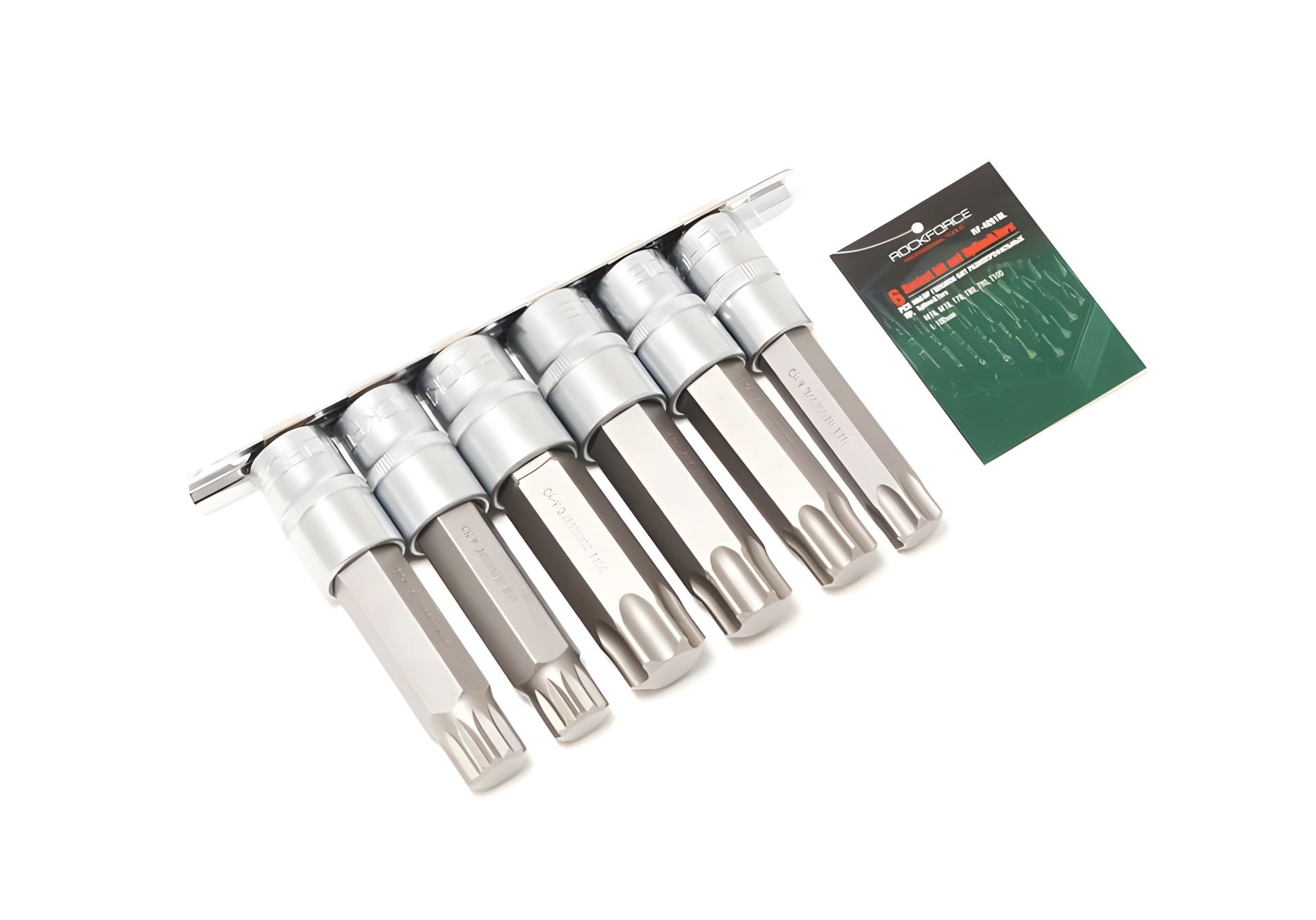 Головки-биты Spline&Torx, 6 предметов (М16, М18,Т70,Т80,Т90,Т100; L-100мм) 1/2" на планке ROCKFORCE RF-40918L Головки-биты Spline&Torx, 6 предметов (М16, М18,Т70,Т80,Т90,Т100; L-100мм) 1/2" на планке ROCKFORCE RF-40918L