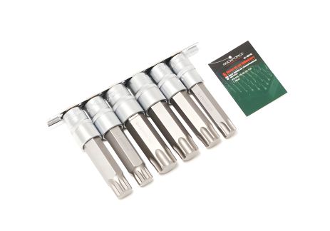 Комплект головок-біт різнопрофільних Spline&Torx, 6 предметів (М16, М18, Т70, Т80, Т90, Т100; L-100мм) 1/2", на планці ROCKFORCE RF-40918L