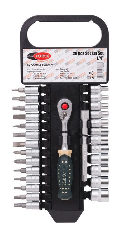 Набор головок и бит с трещоткой в пласт. держателе 28 предметов 1/4" (4-14мм, 6-гран.) ROCKFORCE RF-027-5MSA
