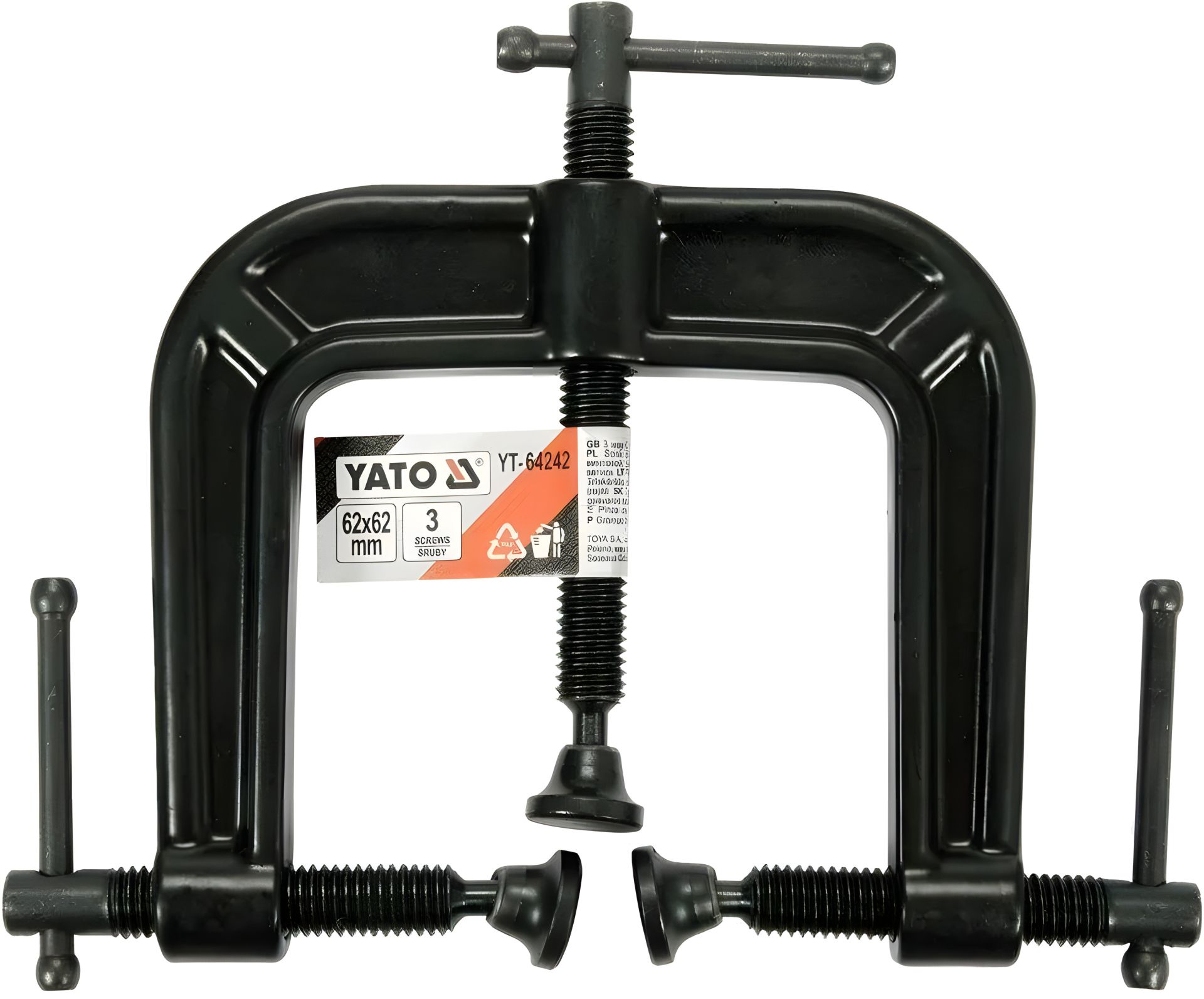 Надійна струбцина з трьома гвинтовими затискачами, тип "С" 62х62 мм, Yato YT-64242 Надійна струбцина з трьома гвинтовими затискачами, тип "С" 62х62 мм, Yato YT-64242