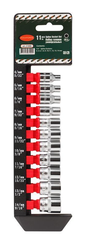 Набор головок универсальный профиль 11 предметов,1/4"(4-14мм-5/32",3/16",1/4",9/32",5/16",11/32",3/8",7/16",15/32",1/2",9/16"), на пластиковом держателе ROCKFORCE FORSAGE RF-2144Q