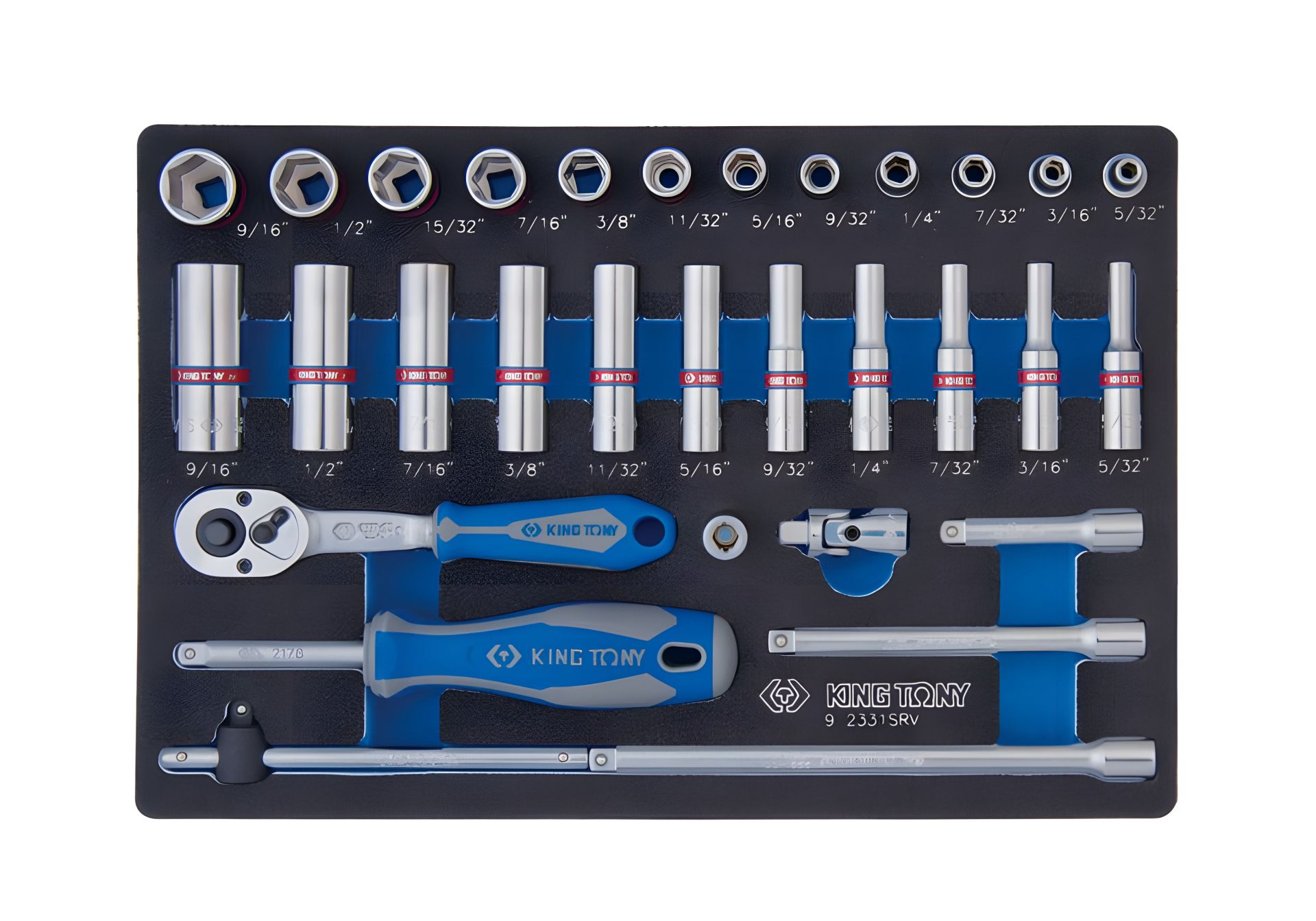 Набір торцевих головок із приладдям 1/4", шестигранні, 5/32"-9/16", 31 предмет KING TONY 9-2331SRV Набір торцевих головок із приладдям 1/4", шестигранні, 5/32"-9/16", 31 предмет KING TONY 9-2331SRV