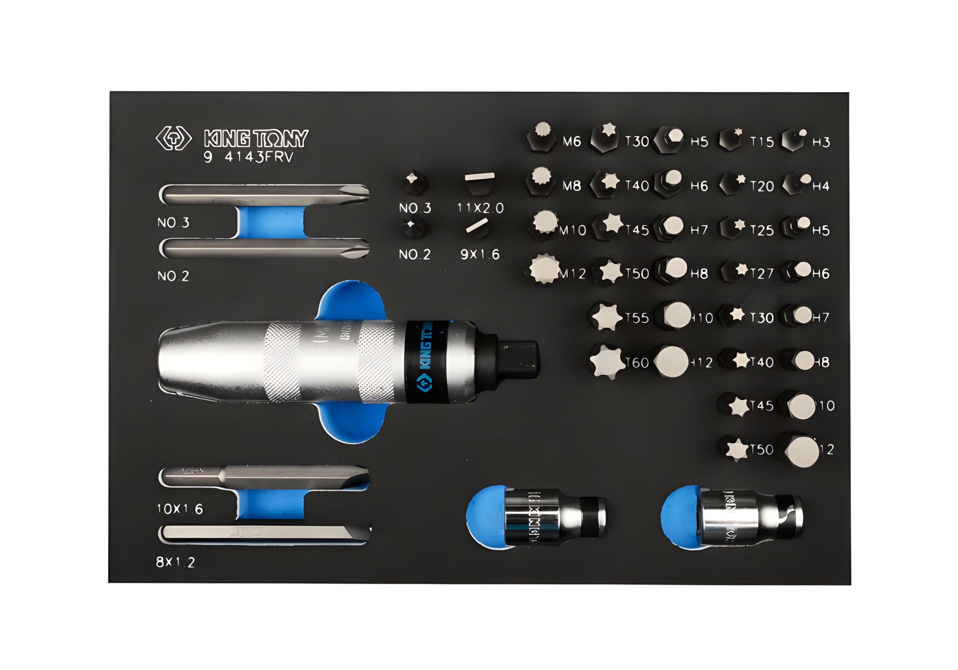 Комплект торцевих насадок, біт та ударна викрутка, ложемент, 43 предмети KING TONY 9-4143FRV Комплект торцевих насадок, біт та ударна викрутка, ложемент, 43 предмети KING TONY 9-4143FRV