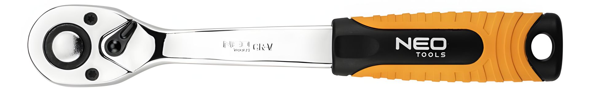 Тріскачка 195 мм 3/8", стальний корпус CrV, двокомпонентна рукоятка, храповий механізм CrMo, 72 зубці, перемикач напрямку, система блокування та розблокування, DIN3122 NEO 08-507 Тріскачка 195 мм 3/8", стальний корпус CrV, двокомпонентна рукоятка, храповий механізм CrMo, 72 зубці, перемикач напрямку, система блокування та розблокування, DIN3122 NEO 08-507