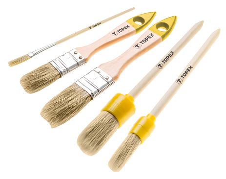 Набор кистей 5 шт., 2 плоские кисти 1", 1,5", 2 круглые кисти 2", 4", одна кисть "мини", универсальные Topex 20B816 Набор кистей 5 шт., 2 плоские кисти 1", 1,5", 2 круглые кисти 2", 4", одна кисть "мини", универсальные Topex 20B816