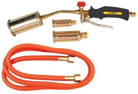 Газовая горелка в наборе 19.5 кВт, 3 насадки, шланг 1.5 м, рабочая температура 1850°С, горелки: O25, O35, O50 мм, Topex (артикул: 44E115)
