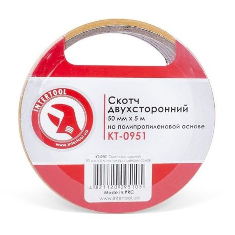 Скотч двосторонній, 5 м, 50 мм, на поліпропіленовій основі INTERTOOL KT-0951 Скотч двосторонній, 5 м, 50 мм, на поліпропіленовій основі INTERTOOL KT-0951