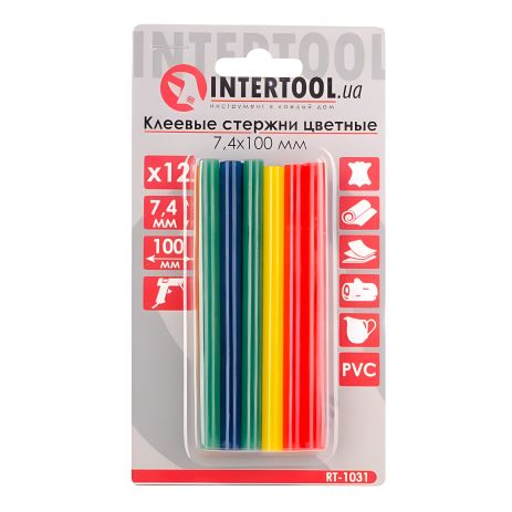 Набор цветных клеевых стержней, 7,4×100 мм, 12 шт. INTERTOOL RT-1031 Набор цветных клеевых стержней, 7,4×100 мм, 12 шт. INTERTOOL RT-1031