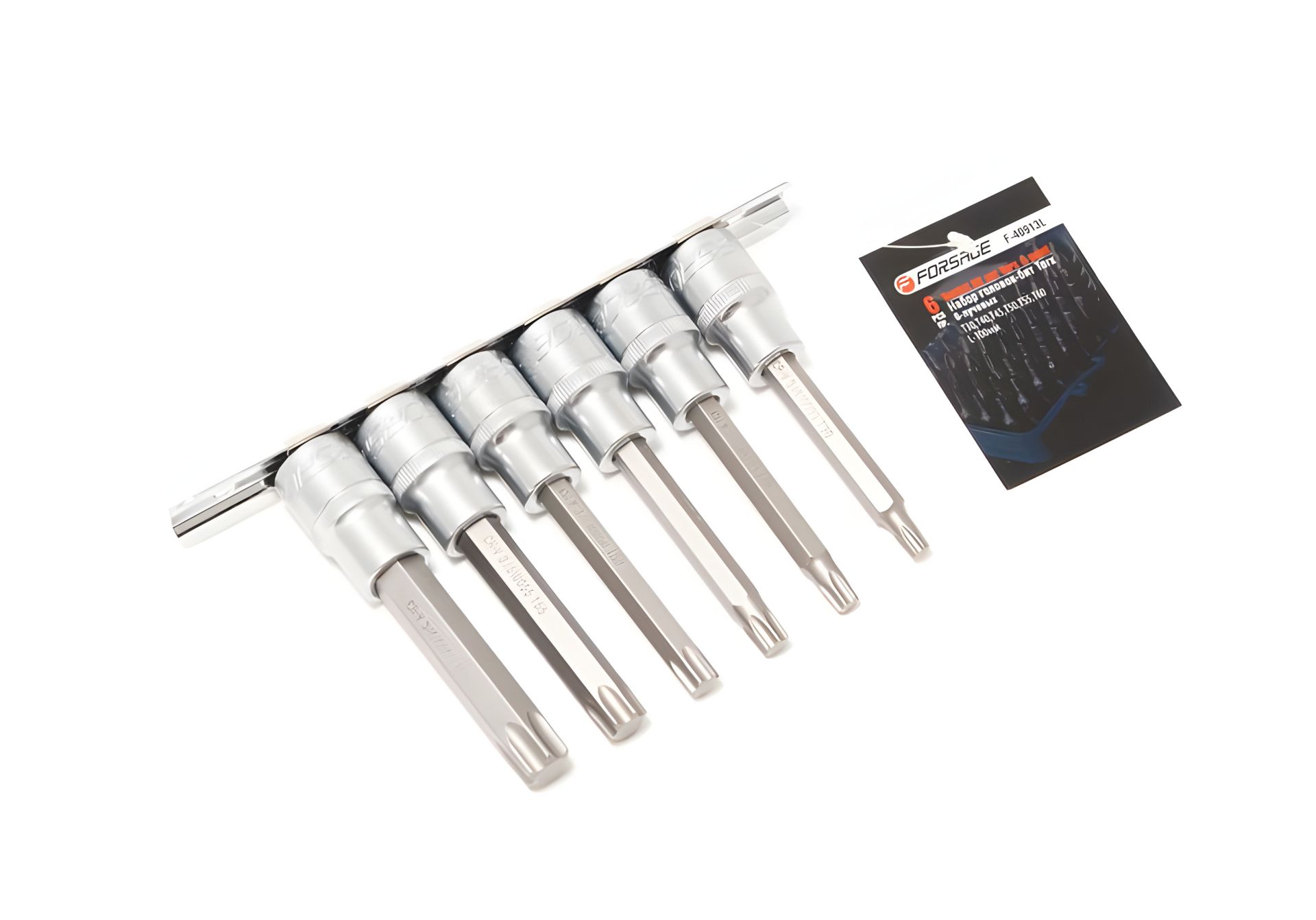 Набор Torx головок-бит 6-лучевых, 6 предметов (Т30,Т40,Т45,Т50,Т55,Т60; L-100мм), 1/2", на планке FORSAGE F-40913L Набор Torx головок-бит 6-лучевых, 6 предметов (Т30,Т40,Т45,Т50,Т55,Т60; L-100мм), 1/2", на планке FORSAGE F-40913L