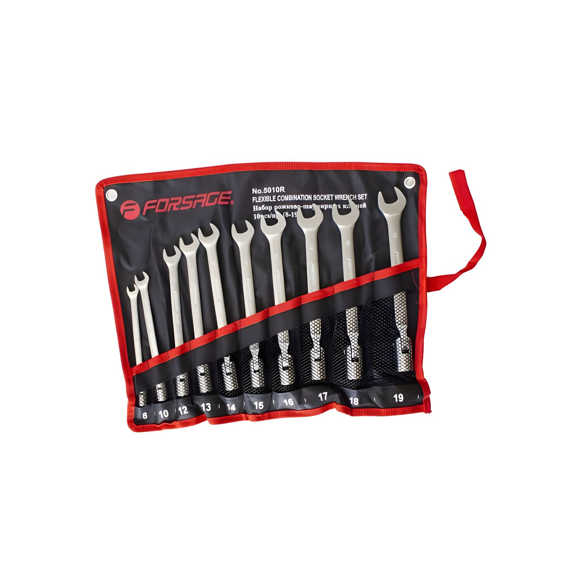 Набір шарнірних рожково-торцевих ключів FORSAGE 10ін. (8, 10, 12-19мм) на полотні F-5010R Набір шарнірних рожково-торцевих ключів FORSAGE 10ін. (8, 10, 12-19мм) на полотні F-5010R