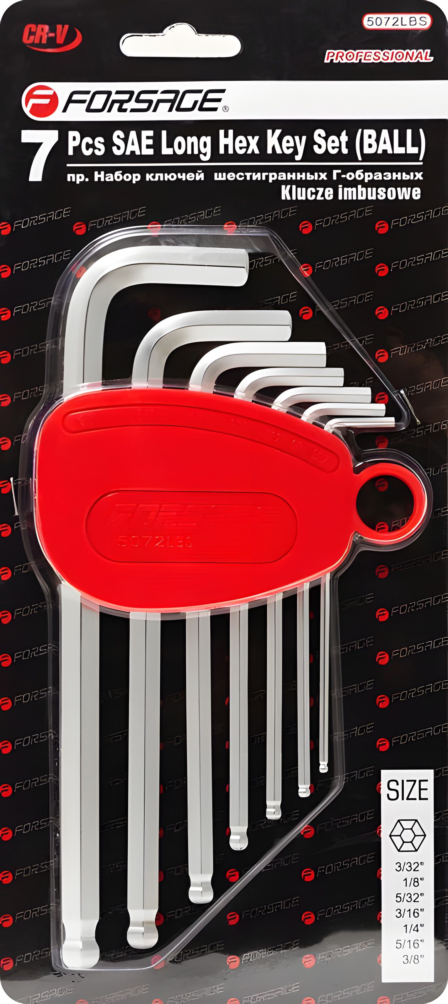 Комплект шестигранних Г-подібних ключів з кульками, 7 од. (3/32", 1/8", 5/32", 3/16", 1/4", 5/16", 3/8") у пластиковому тримачі FORSAGE F-5072LBS Комплект шестигранних Г-подібних ключів з кульками, 7 од. (3/32", 1/8", 5/32", 3/16", 1/4", 5/16", 3/8") у пластиковому тримачі FORSAGE F-5072LBS