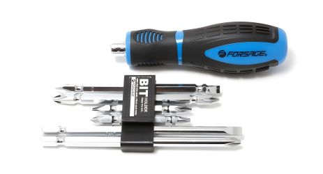 Отвертка-держатель с битами: FORSAGE F-2074B, 7 предметов (L65мм PH1-5mm, PH2-6mm, L110мм PH1-5mm, PH2-PH2mm, L127 PH2, 6mm) блистер
