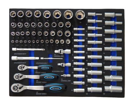 Набор инструментов 80 предметов(1/4":4-14мм L-25/50мм;3/8":6-19мм L-28/64мм;1/2":8-32мм L-38мм,10-24мм L-75мм; 6гр.+карданы, удлинители, трещотки)в ложементе FORSAGE F-K4802-5