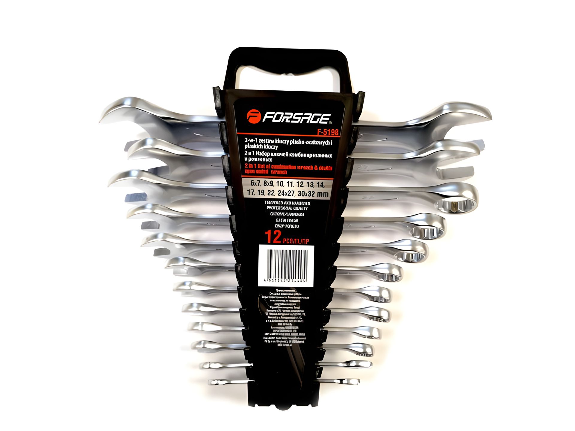 Набір комбінованих і ріжкових ключів, 12 предметів (6х7, 8х9, 10, 11, 12, 13, 14, 17, 19, 22, 24х27, 30х32мм), в пластиковому тримачі FORSAGE F-5198 Набір комбінованих і ріжкових ключів, 12 предметів (6х7, 8х9, 10, 11, 12, 13, 14, 17, 19, 22, 24х27, 30х32мм), в пластиковому тримачі FORSAGE F-5198