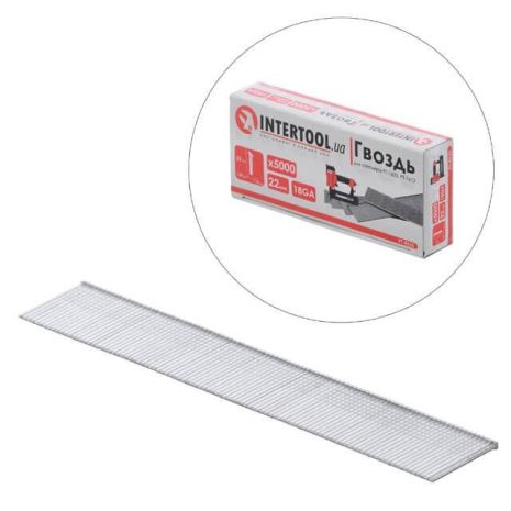Гвоздь для степлера PT-1603, PT-1612, 22 мм, 18GA, 1,0×1,25 мм, 5000 шт/упак INTERTOOL PT-8622 Гвоздь для степлера PT-1603, PT-1612, 22 мм, 18GA, 1,0×1,25 мм, 5000 шт/упак INTERTOOL PT-8622