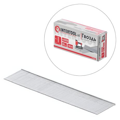 Гвозди для степлера PT-1603, PT-1612, 30 мм, 18GA, 1,0×1,25 мм, 5000 шт/упак, INTERTOOL PT-8630 Гвозди для степлера PT-1603, PT-1612, 30 мм, 18GA, 1,0×1,25 мм, 5000 шт/упак, INTERTOOL PT-8630