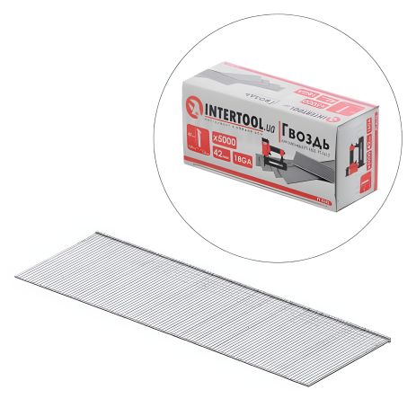 Гвоздь для степлера INTERTOOL моделей PT-1603, PT-1612, 42 мм, 18GA, 1,0×1,25 мм, 5000 шт/упак PT-8642 Гвоздь для степлера INTERTOOL моделей PT-1603, PT-1612, 42 мм, 18GA, 1,0×1,25 мм, 5000 шт/упак PT-8642