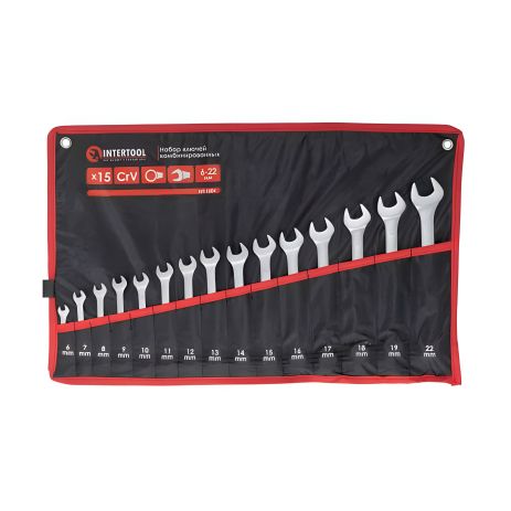 Набор ключей комбинированных, 15 шт., 6-19, 22 мм, Cr-V, чехол INTERTOOL HT-1204