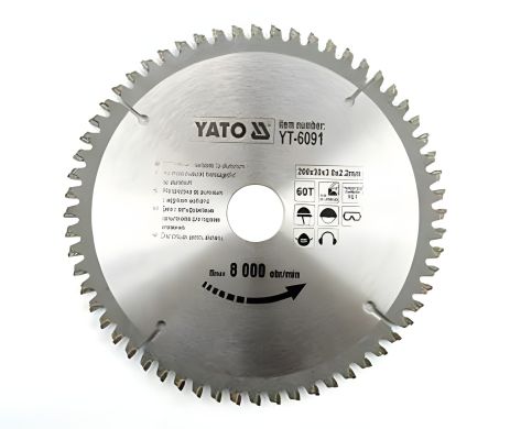 Диск пильный по алюминию 200 х 30 х 3 х 2.2 мм 60 зубцов R. P. M до 8000 1/мин Yato YT-6091