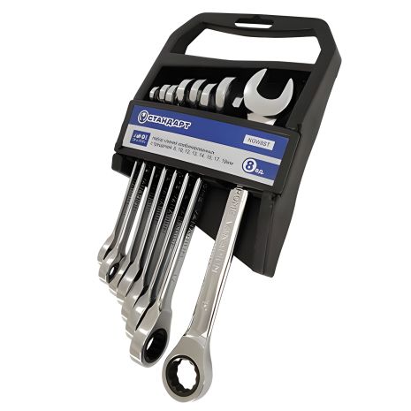 Комбіновані ключі з тріскачкою, набір 8,10,12-15,17,19мм 8од. в холдері від STANDART NGW8ST