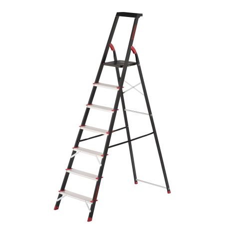 Семиступенчатая стальная стремянка с лотком для инвентаря, высота: 2003 мм, высота до платформы: 1500 мм, 150 кг INTERTOOL LT-0057