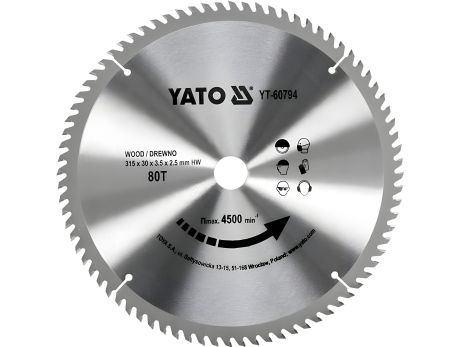 Пильний диск для деревини 315х30х3.5x2.5 мм, 80 зубців, Yato YT-60794 Пильний диск для деревини 315х30х3.5x2.5 мм, 80 зубців, Yato YT-60794