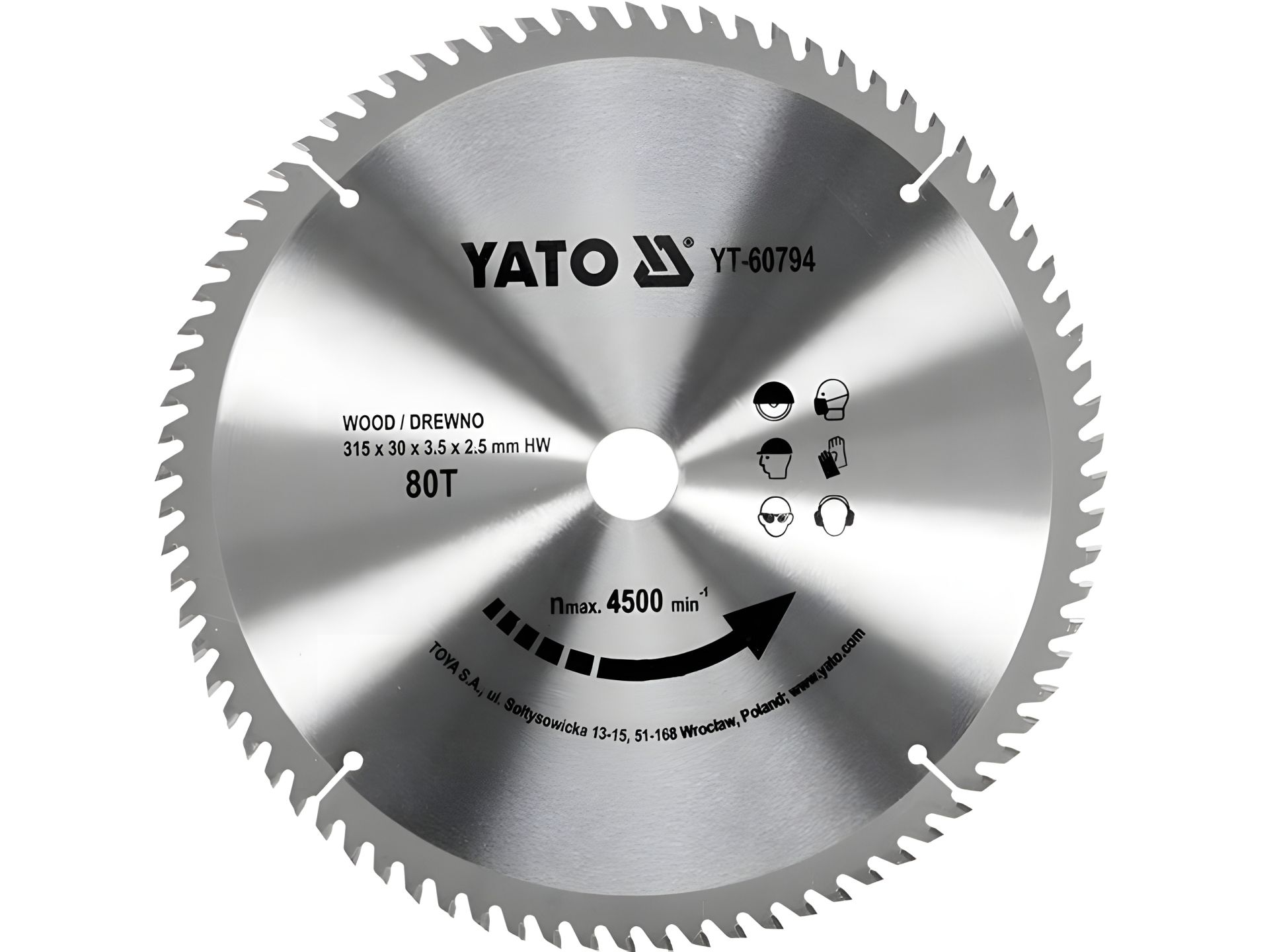 Пильный диск по дереву 315х30х3.5х2.5 мм, 80 зубцов, R. P. M до 4500 1/мин Yato YT-60794 Пильный диск по дереву 315х30х3.5х2.5 мм, 80 зубцов, R. P. M до 4500 1/мин Yato YT-60794
