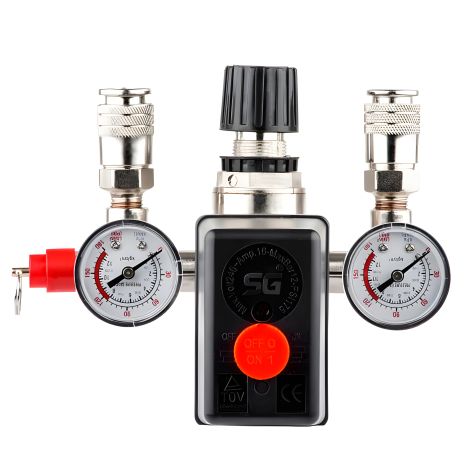 Прессостат 220 В (блок автоматики компрессора) в сборе: прессостат, редуктор, 2 манометра, предохранительный клапан, 2 выхода INTERTOOL PT-9094