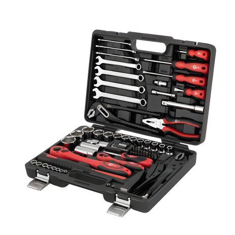 Набор профессиональных инструментов, 1/2" + 1/4", Cr-V, 72 предмета, головки: 4-32 мм, биты: 20 шт., ключи: 8-15 мм, кейс INTERTOOL (ET-6073)
