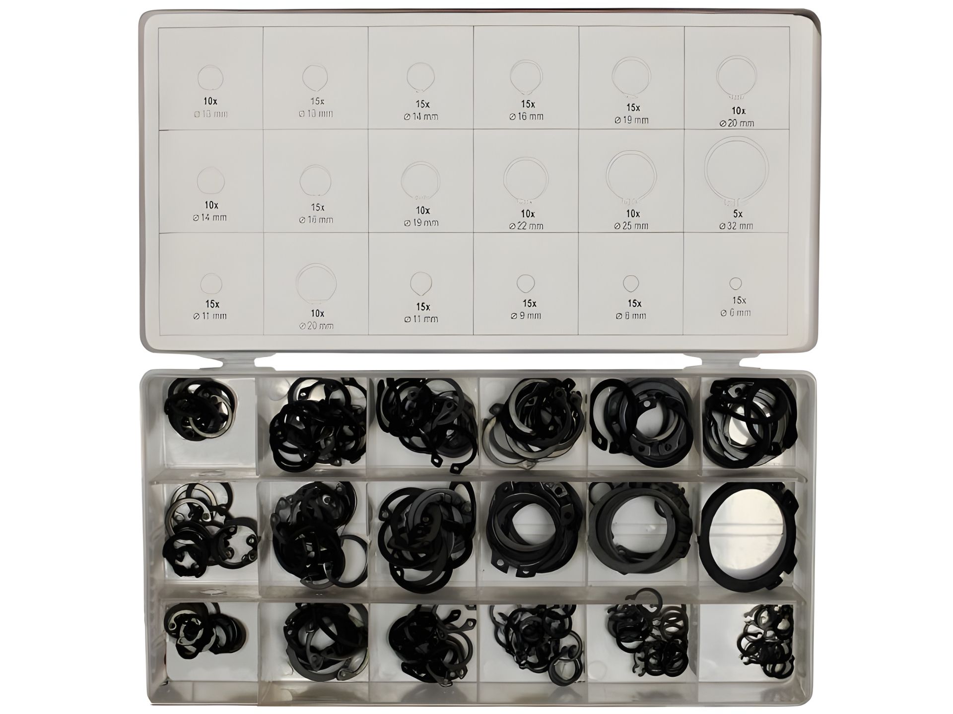 Набор из 225 внешних и внутренних пружинных стопорных колец 6-32 мм Yato YT-06882 Набор из 225 внешних и внутренних пружинных стопорных колец 6-32 мм Yato YT-06882