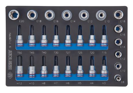 Набор торцевых головок 1/2"&3/8", TORX, HEX, Е6-Е20, ложемент, 28 предметов KING TONY 9-7128PRV Набор торцевых головок 1/2"&3/8", TORX, HEX, Е6-Е20, ложемент, 28 предметов KING TONY 9-7128PRV