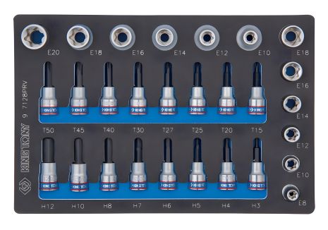 Набор торцевых головок 1/2" и 3/8", TORX, HEX, E6-E20, ложемент, 28 предметов KING TONY 9-7128PR