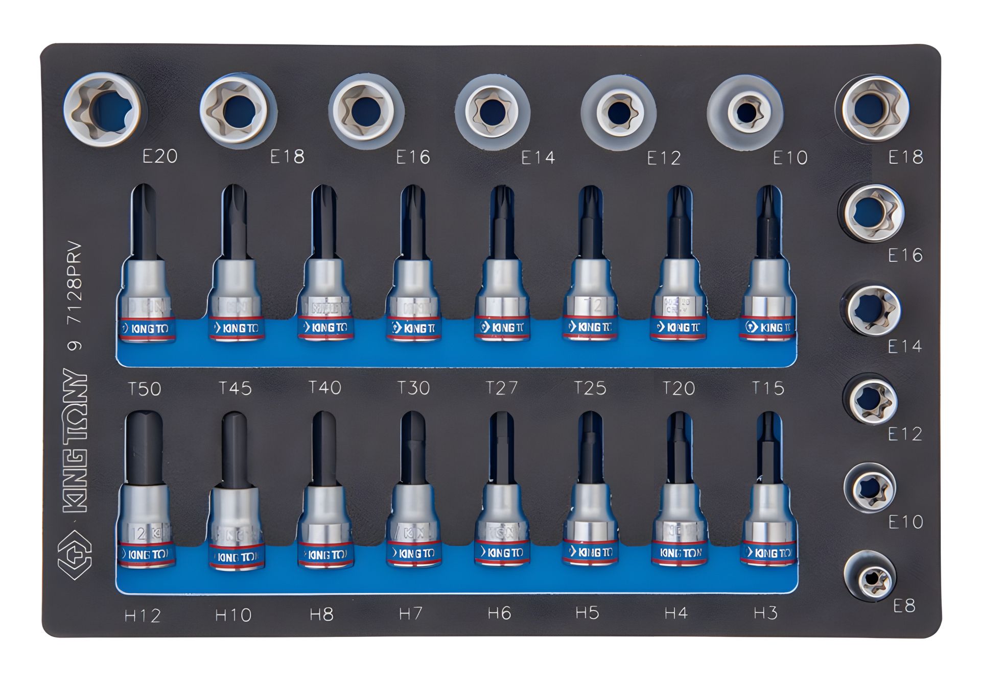 Набор торцевых головок 1/2"&3/8", TORX, HEX, Е6-Е20, ложемент, 28 предметов KING TONY 9-7128PRV Набор торцевых головок 1/2"&3/8", TORX, HEX, Е6-Е20, ложемент, 28 предметов KING TONY 9-7128PRV