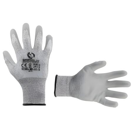 Порізостійка трикотажна рукавичка з поліуретановим покриттям на долоні, сіра, розмір 10" від INTERTOOL (SP-0123)