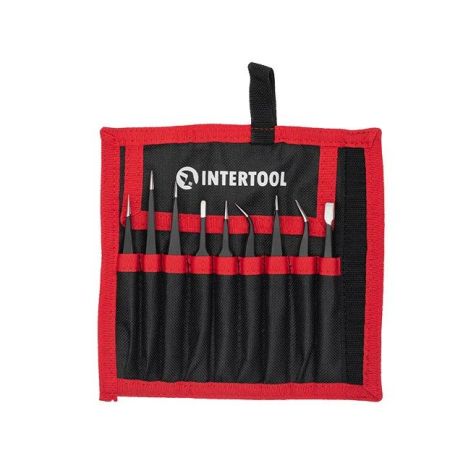 Набор пинцетов радиотехнических, 9 шт., антистатические, в чехле INTERTOOL NT-6002