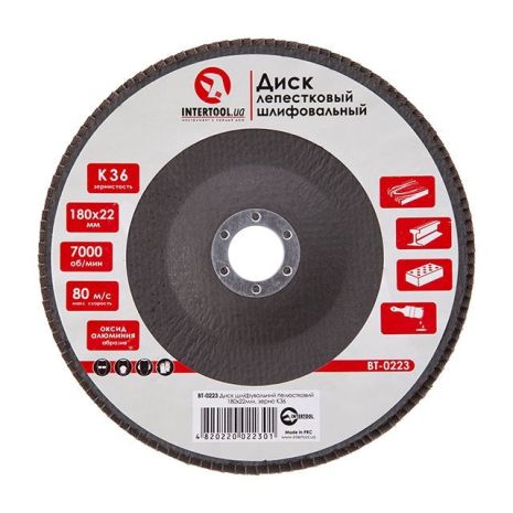 Диск шлифовальный лепестковый, 180×22 мм, зерно K36 INTERTOOL BT-0223