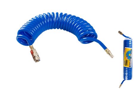 Пневмошланг спиральный PU 15 атм 8х12 мм 5 м, с быстрыми соединениями MASTERTOOL 81-8470