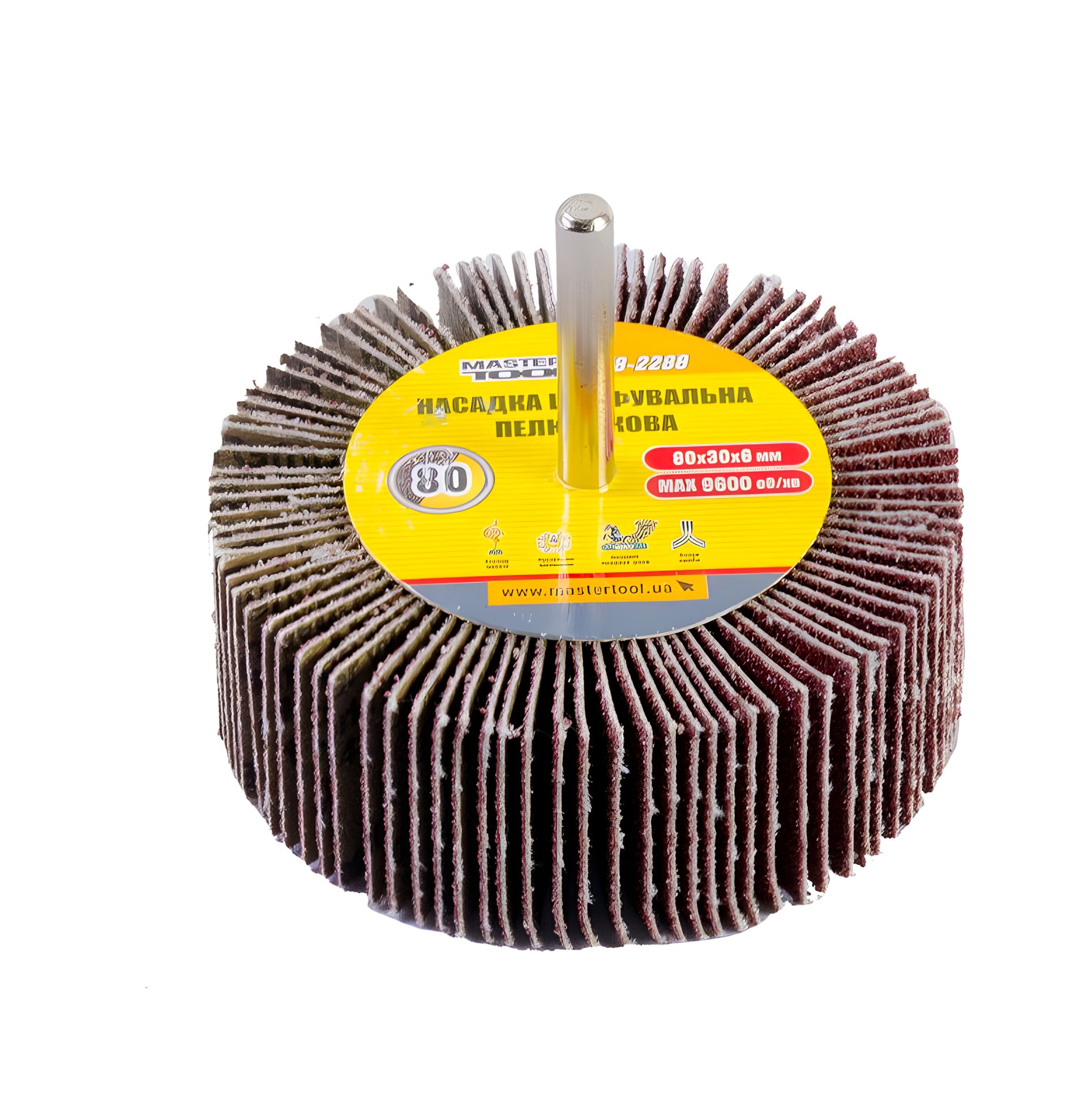 Шліфувальна насадка зерно 80 80х30 мм із стрижнем 6 мм MASTERTOOL 08-2288 Шліфувальна насадка зерно 80 80х30 мм із стрижнем 6 мм MASTERTOOL 08-2288
