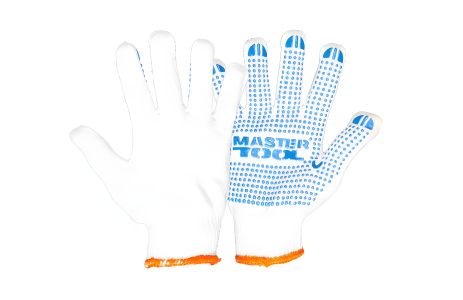 Трикотажні рукавички PREMIUM з ПВХ-точками 70% бавовна/30% поліестер, 10 клас, 3 нитки, 68 гр біло-сині, MASTERTOOL 83-0301