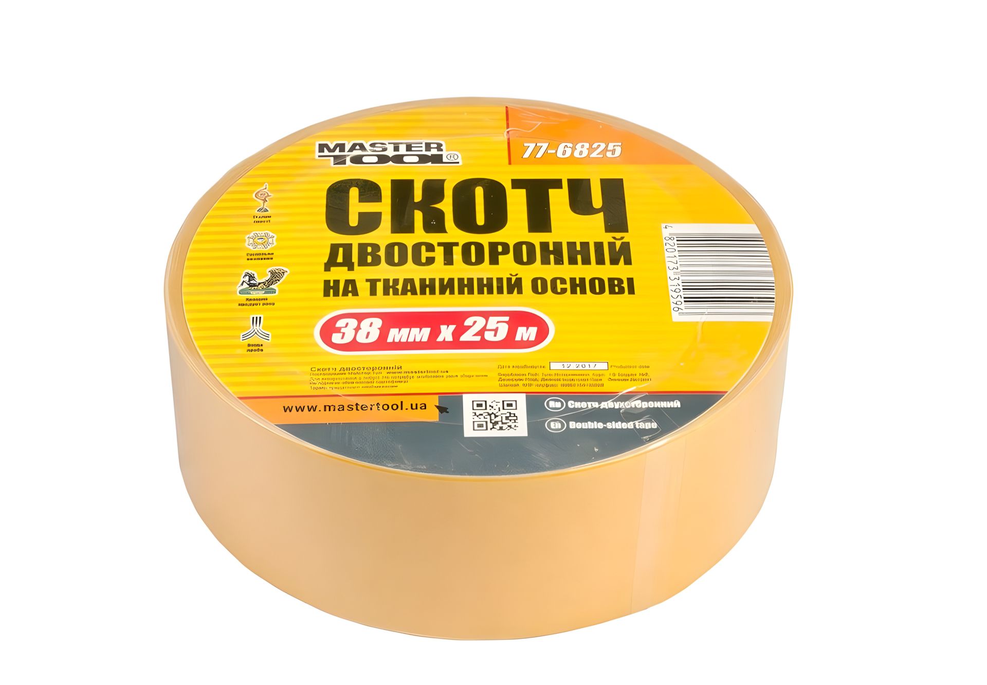 Двостороння стрічка на тканинній основі 38 мм 25 м MASTERTOOL 77-6825 Двостороння стрічка на тканинній основі 38 мм 25 м MASTERTOOL 77-6825