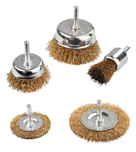 Набір щіток 5 шт: торцева/дискова зі стрижнем ¼" Ø 25/50/75// 50/75 мм з латунованого рифленого дроту, MASTERTOOL 19-9501