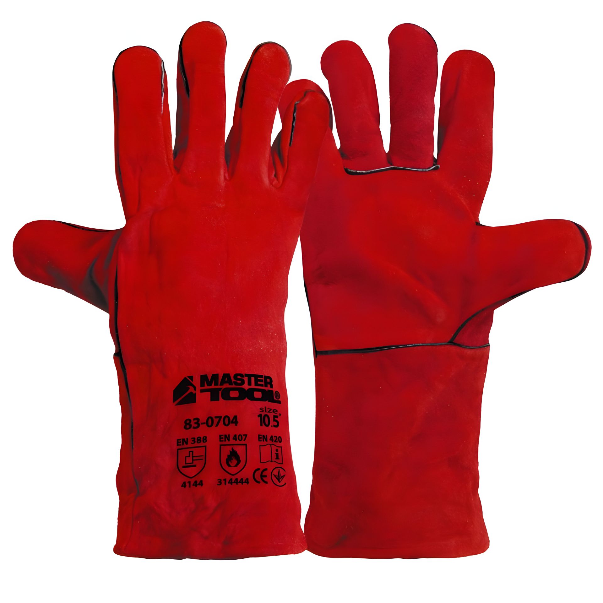 Зварювальні краги з замші 10.5" 350 мм підвіс червоні MASTERTOOL 83-0704 Зварювальні краги з замші 10.5" 350 мм підвіс червоні MASTERTOOL 83-0704