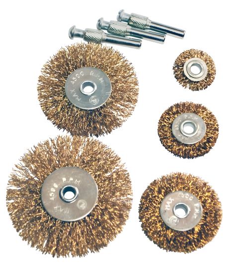 Набір дискових щіток 5 шт зі стрижнем ¼" з латунованого рифленого дроту Ø 20/40/50/63/75 мм MASTERTOOL 19-9500