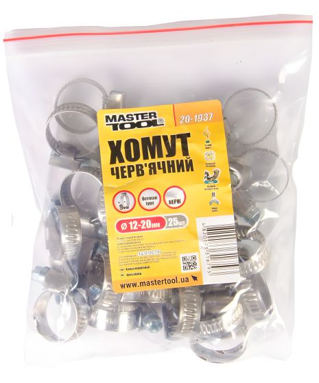 Затискний хомут черв'ячний 12-20 мм 25 шт MASTERTOOL 20-1937 Затискний хомут черв'ячний 12-20 мм 25 шт MASTERTOOL 20-1937