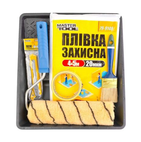 Набір малярський №5 валик з ручкою/пензель/ніж/плівка/стрічка малярська/ванна MASTERTOOL 92-8105