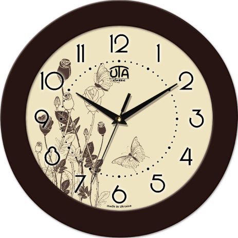 Настенные часы круглые 350Х350Х45мм [МДФ, Пластик, Под стеклом] UTA-12-FBr коричневые