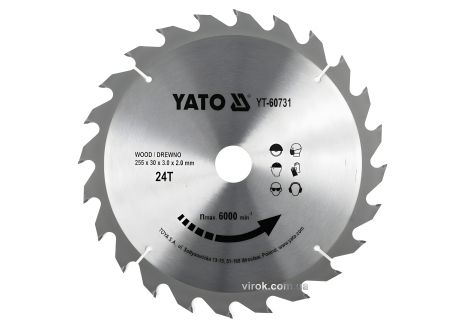 Пильний диск по дереву з побідитовими зубцями: 255x30x3.0x2.0 мм, 24 зубці для RPM до 6000 1/хв від YaTo (YT-60731)