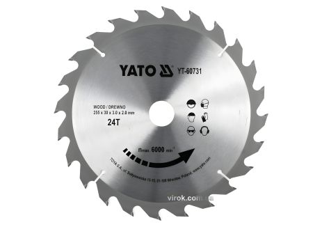 Пильный диск победитовый по дереву : 255x30x3.0x2.0 мм, 24 зубца, R. P. M до 6000 1/мин YaTo YT-60731 Пильный диск победитовый по дереву : 255x30x3.0x2.0 мм, 24 зубца, R. P. M до 6000 1/мин YaTo YT-60731