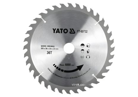 Пильный диск по дереву: 255x30x3.0x2.0 мм, 36 зубьев от YaTo (YT-60732)